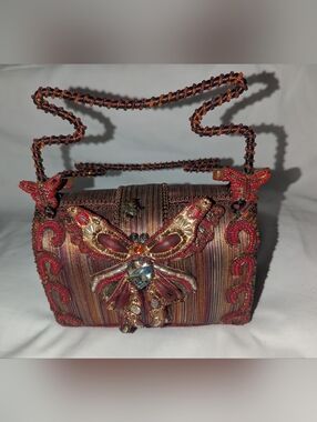Vintage Mary Frances Burgundy and Gold Beaded Butterfly Trunk Top Handle Bag.